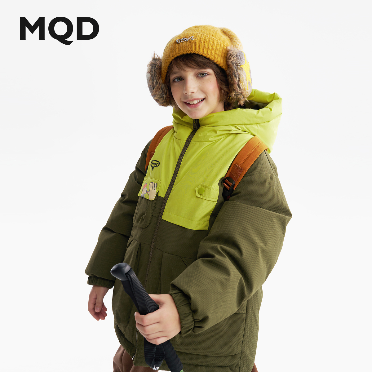 MQD男童中长款羽绒服2025冬季新款儿童连帽撞色拼接休闲保暖外套 - 图0