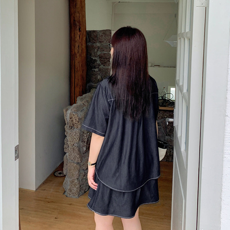 2025夏装新款250斤加大码女200胖mm明线仿牛仔衬衫 +百褶短半身裙,淘宝优惠券,粉丝福利购,淘宝优惠卷