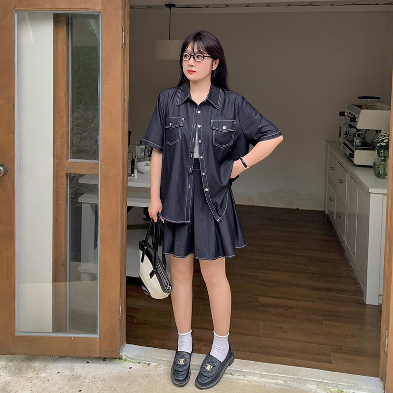 2025夏装新款250斤加大码女200胖mm明线仿牛仔衬衫 +百褶短半身裙,淘宝优惠券,粉丝福利购,淘宝优惠卷