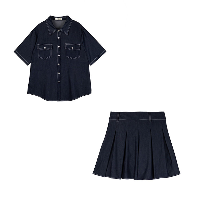 2025夏装新款250斤加大码女200胖mm明线仿牛仔衬衫 +百褶短半身裙,淘宝优惠券,粉丝福利购,淘宝优惠卷