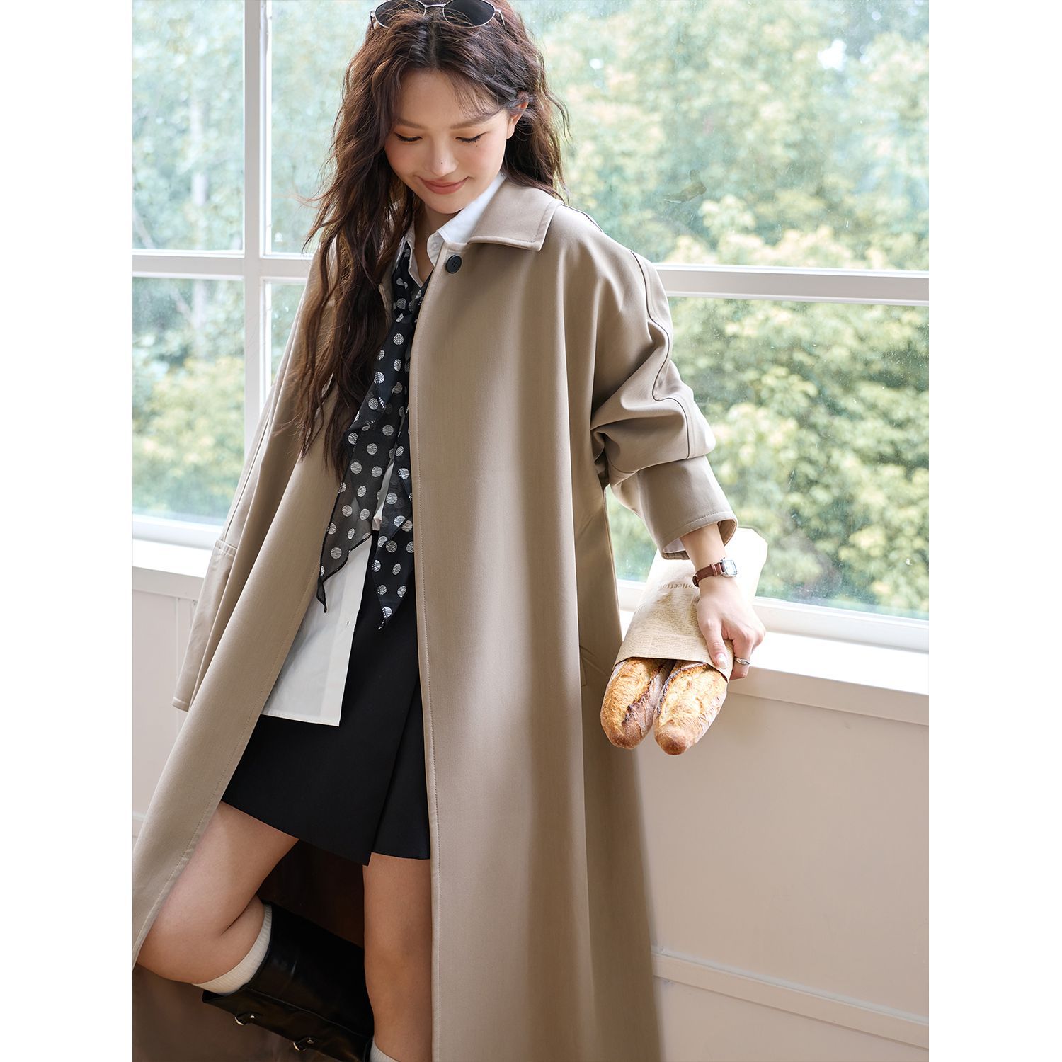 秋冬季大码女装一粒扣廓形长款风衣外套韩版时尚气质宽松披风大衣 - 图0