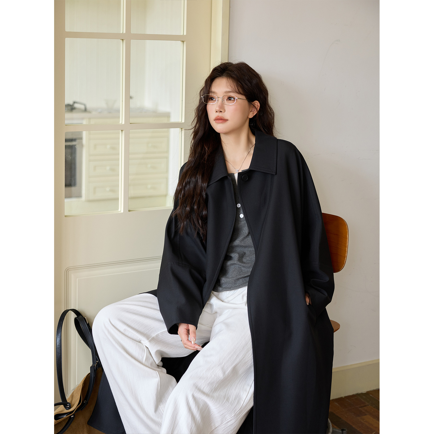 秋冬季大码女装一粒扣廓形长款风衣外套韩版时尚气质宽松披风大衣 - 图1