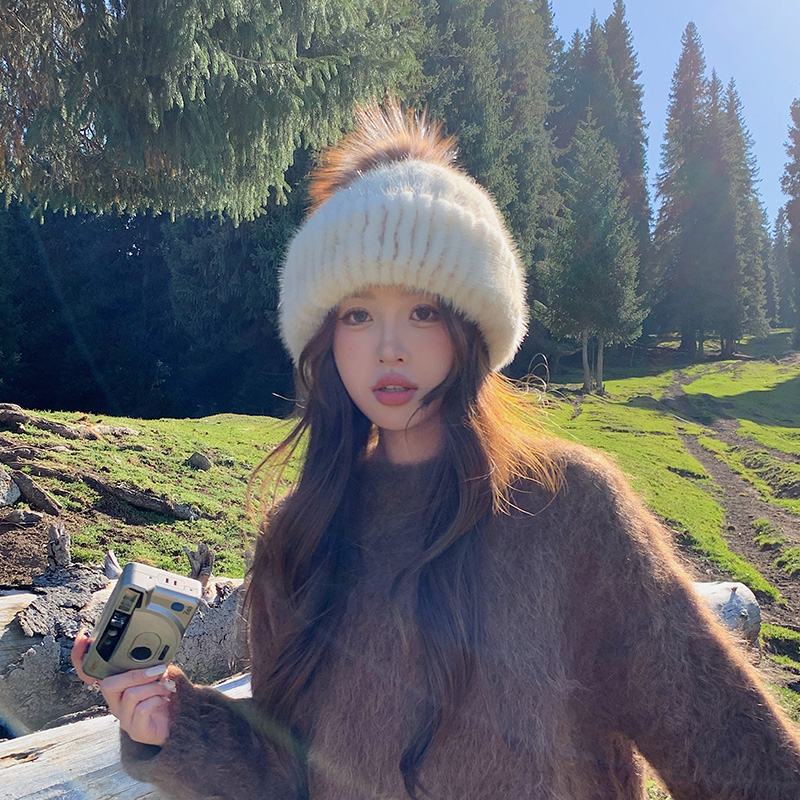 韩国女士冬季皮草帽子水貂毛休闲编织弹力甜美女帽狐狸毛球贝雷帽 - 图0