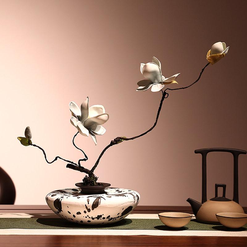 禅意茶室古典枯枝仿真玉兰花陶瓷花瓶套装客厅桌面茶几玄关摆放花,淘宝优惠券,粉丝福利购,淘宝优惠卷