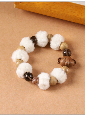 秋冬新款暖色系木珠毛球混穿手链