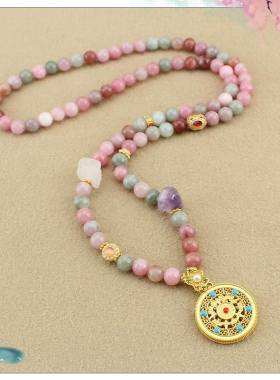 国风彩色石珠福运吊牌长款毛衣链