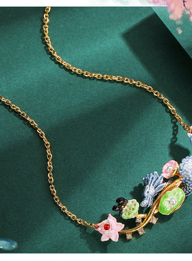新中式珐琅彩釉荷花小青龙锁骨链