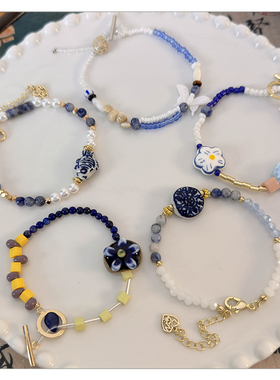 淡雅国风蓝色系陶瓷花朵手链
