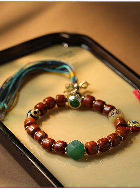 复古藏式红色牛骨桶珠流苏手串