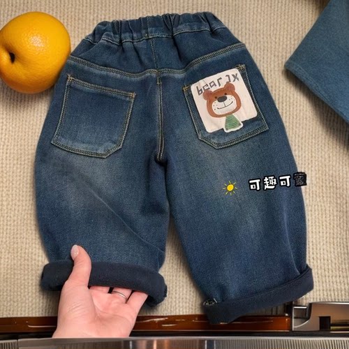 儿童弹力加绒牛仔裤2025冬季休闲裤男女童冬装保暖加厚一体绒裤子 - 图1
