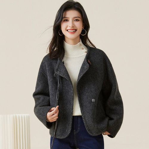 金菊围巾款2025新款双面呢羊毛大衣短款秋冬韩系气质洋气开衫外套 - 图1