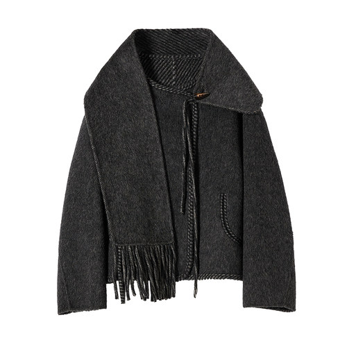 金菊围巾款2025新款双面呢羊毛大衣短款秋冬韩系气质洋气开衫外套 - 图3