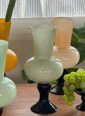 中古玻璃花瓶绿色高脚法式ins花器插花水养氛围感装饰摆件送礼