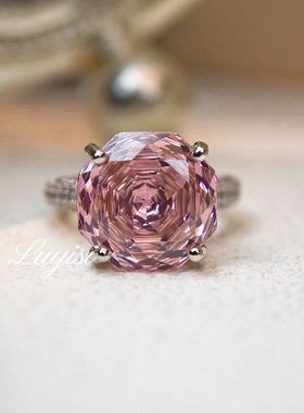 重工爆闪八角千禧玫瑰切海蓝钻戒指高碳钻粉钻玫瑰花炫绿紫指环女