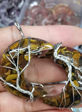 彩色水晶碎石树脂月亮生命树吊坠