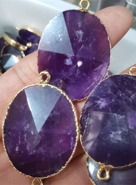 情侣紫水晶虎石六面锥鎏金边双吊