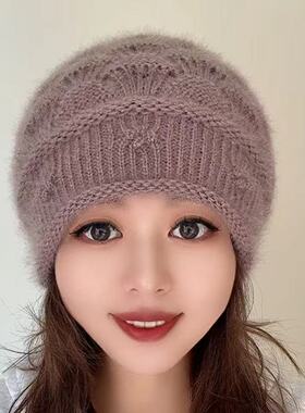 冬季新款钩花双层加厚针织帽女松鼠绒时尚保暖防寒洋气百搭堆堆帽