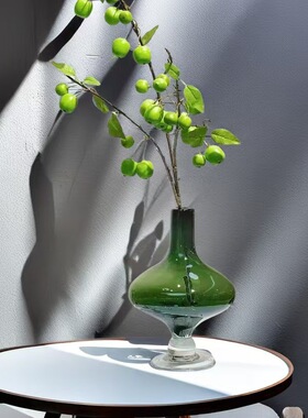 绿色玻璃细口高脚花器小众观音瓶