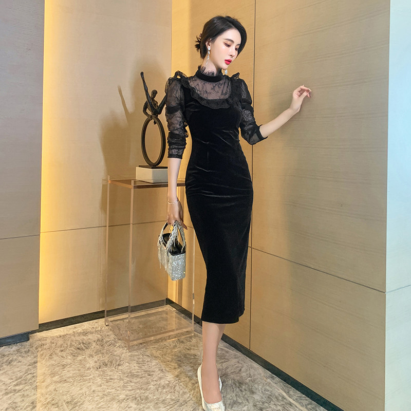 黑色丝绒蕾丝泡泡袖连衣裙收腰裙子 紫嫣红藤连衣裙