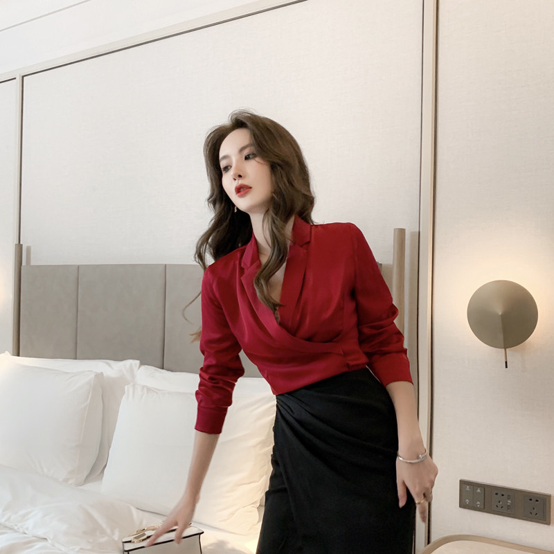 雪纺缎面西装领秋女小众设计感衬衫 紫嫣红藤衬衫