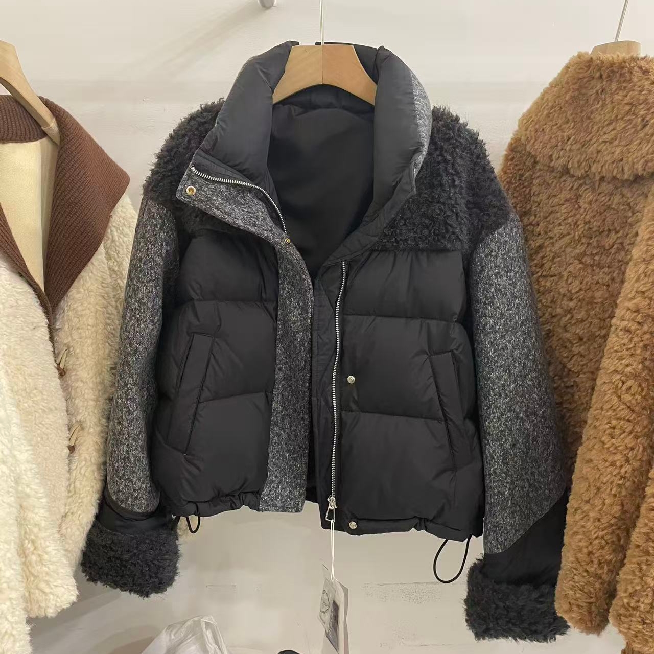 欧货冬季新款女装羽绒服外套拼接颗粒绒显瘦宽松鸭绒立领面包服潮 - 图3