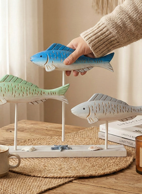 地中海风格木质复古站立小鱼摆件创意家居鱼群装饰品桌面摆设礼物