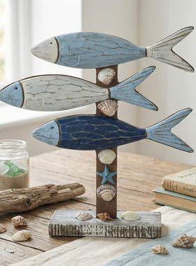 地中海风格木质小鱼摆件创意家居装饰品海洋风桌面摆设复古做旧工