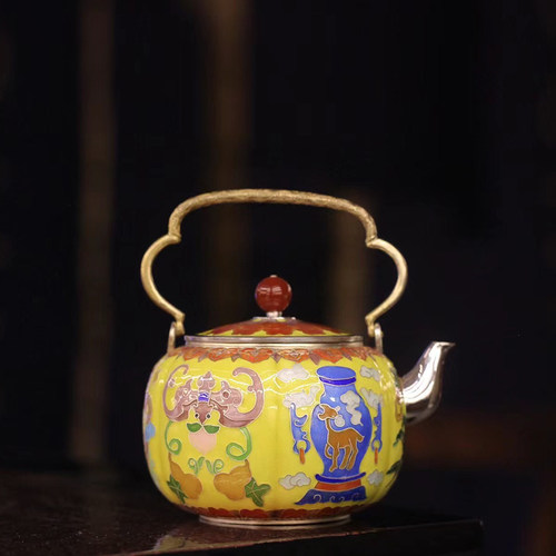 纯银999银壶泡茶壶提梁壶纯手工七宝烧珐琅彩景泰蓝工艺壶 六吉祥 - 图0