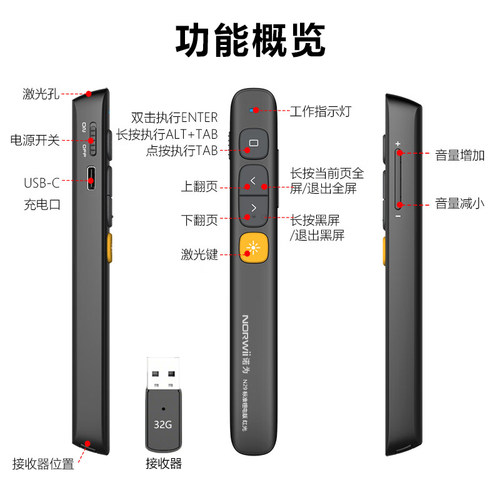 诺为N78锂电可充电ppt翻页笔遥控笔希沃多媒体一体机LED液晶屏激光演示笔N29u盘电子笔教鞭N95优盘存储投影笔 - 图1