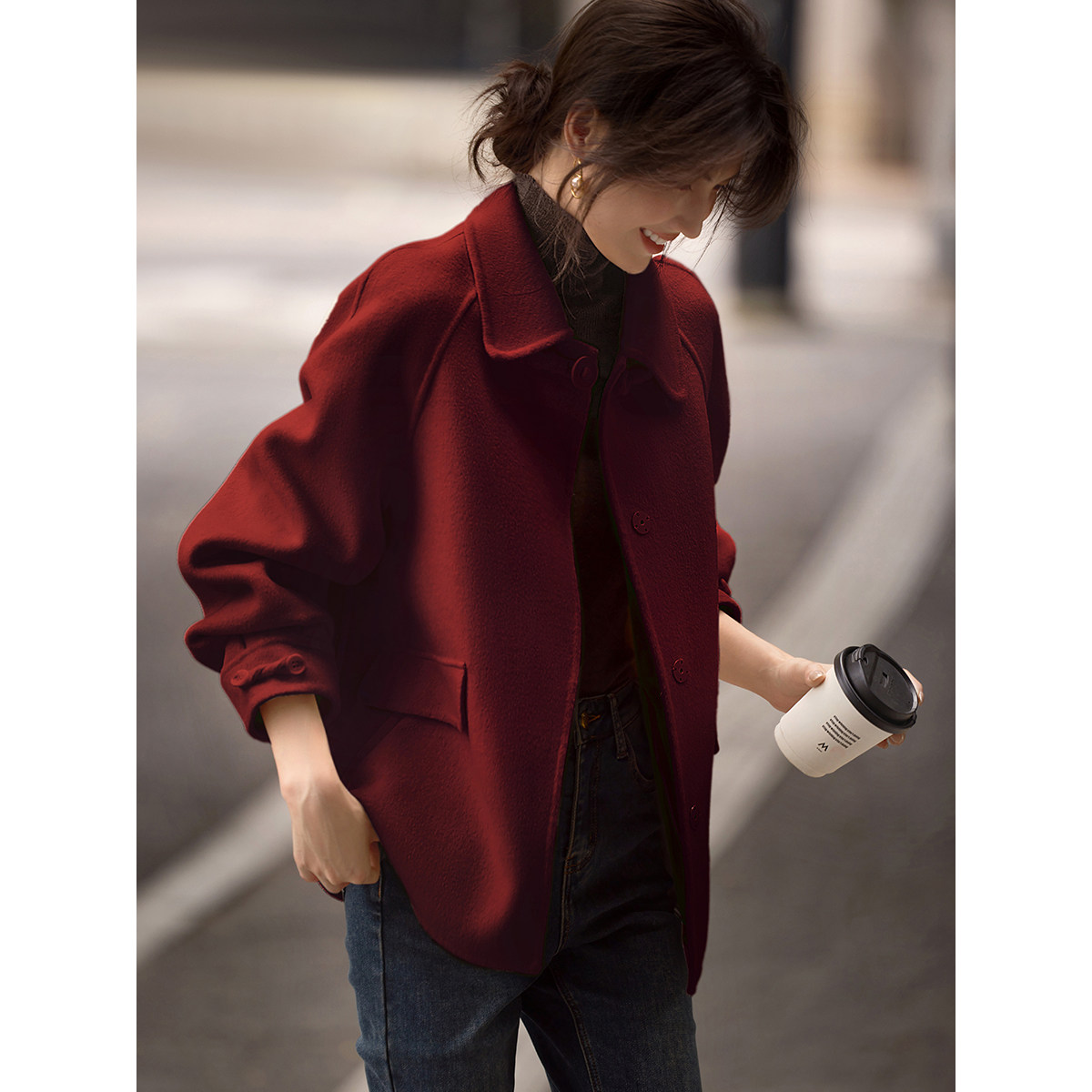 XWI欣未新中式轻国风双面羊毛大衣女2024秋冬高级感短款毛呢外套,淘宝优惠券,粉丝福利购,淘宝优惠卷