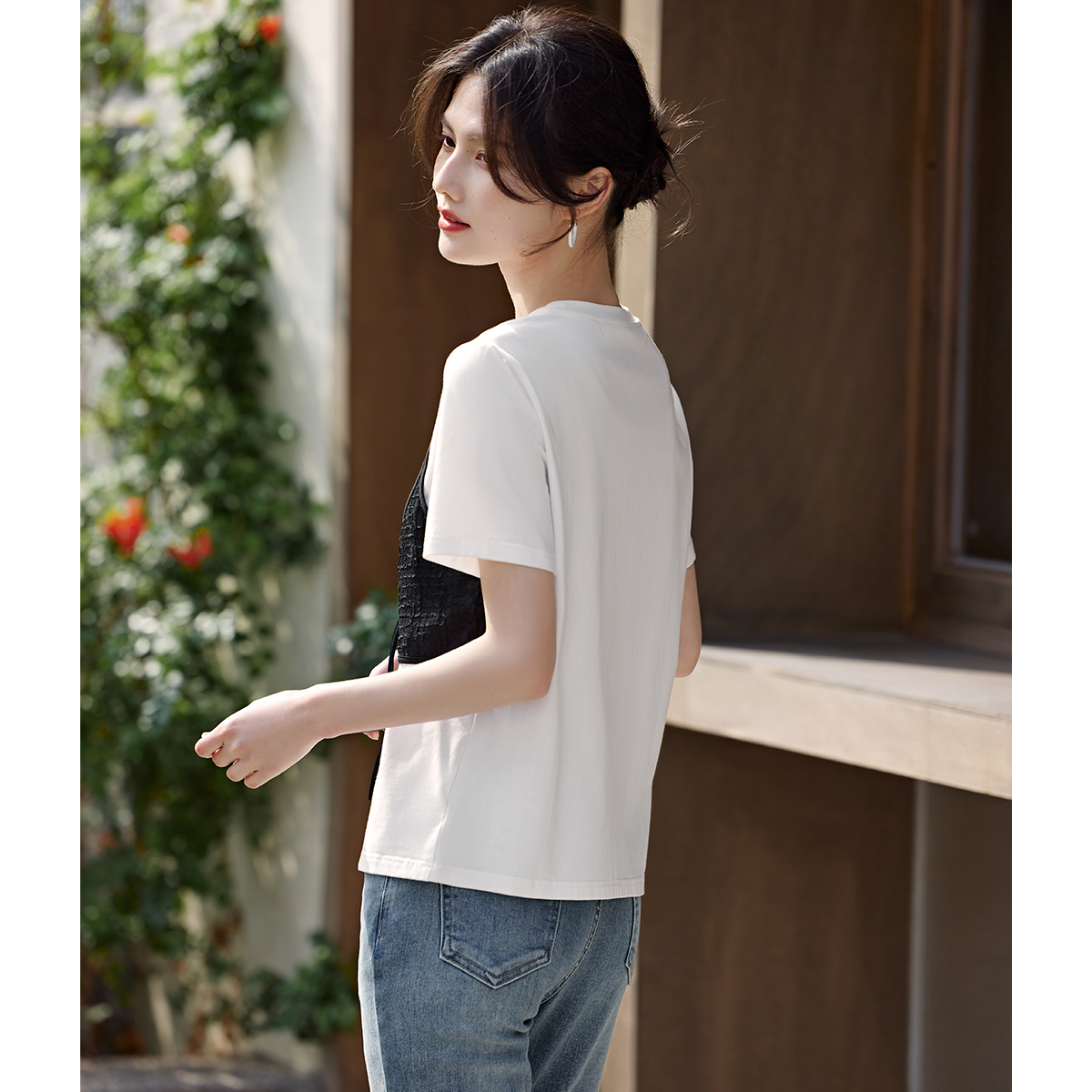 XWI/欣未假两件短袖T恤女夏季通勤简约马甲拼接不对称设计感上衣