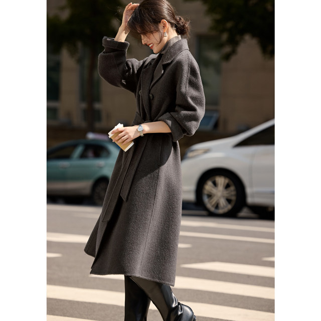 XWI欣未绵羊毛羊驼毛长款系带双面呢大衣女秋冬气质显瘦毛呢外套