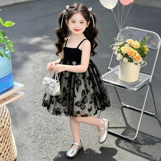 ເດັກຍິງ butterfly ສີດໍາ suspender Princess ວັນເດືອນປີເກີດ dress