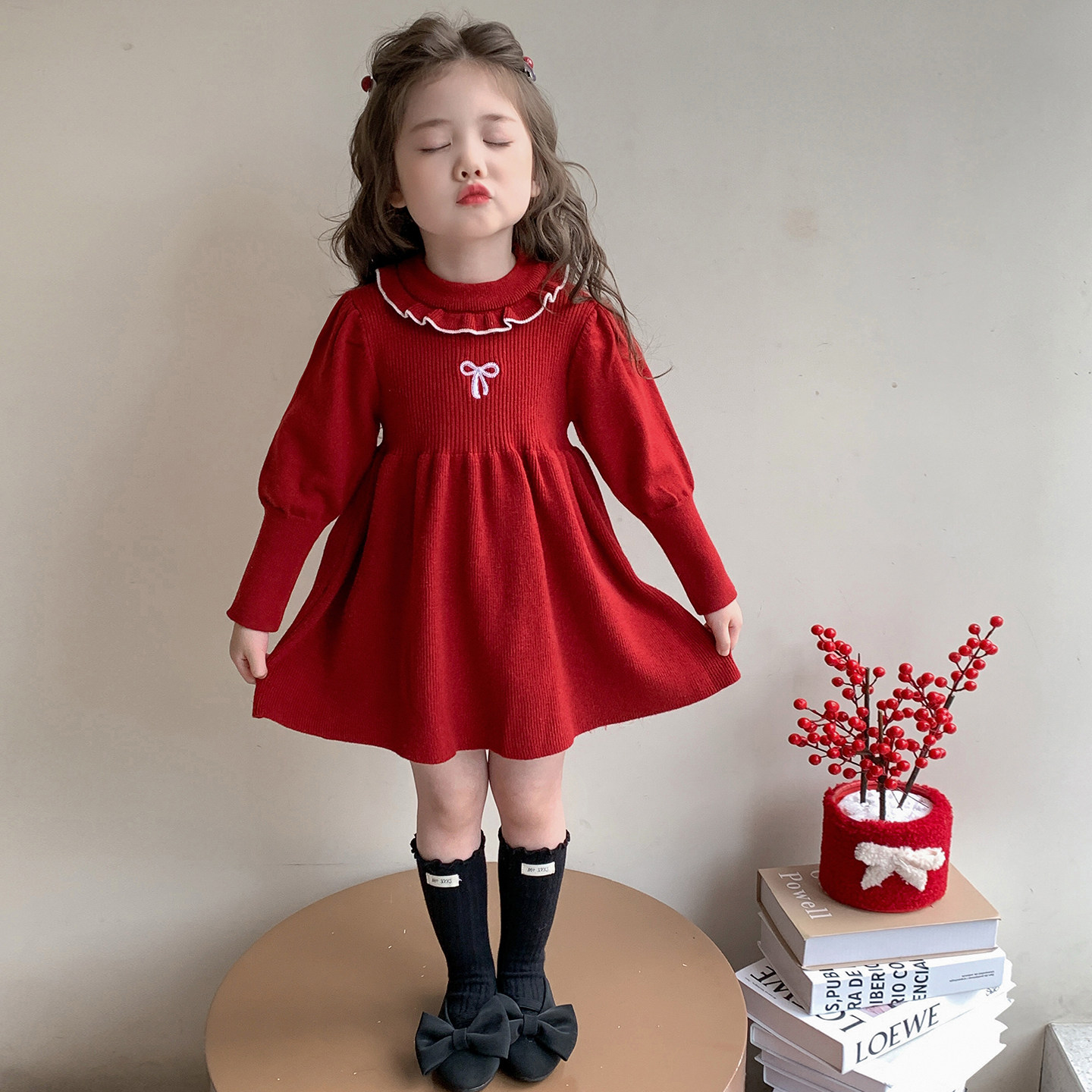 女童秋冬季连衣裙2025新款红色儿童过年拜年服花边女宝宝毛衣裙子,淘宝优惠券,粉丝福利购,淘宝优惠卷