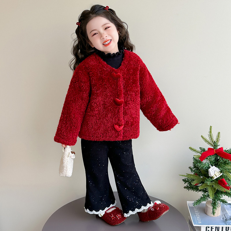 女童夹棉套装冬季2025新款洋气儿童毛毛衣外套时尚女宝宝冬装衣服,淘宝优惠券,粉丝福利购,淘宝优惠卷