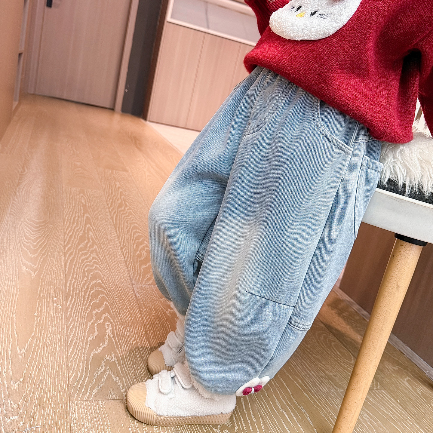 女童牛仔裤子秋冬季2025新款儿童加绒猫咪女宝宝一体绒加厚休闲裤,淘宝优惠券,粉丝福利购,淘宝优惠卷