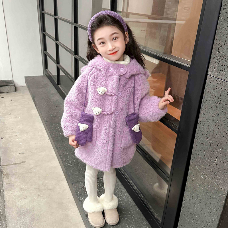 女童加厚外套深秋冬季2025新款儿童装洋气熊头女宝宝羊羔绒初冬装 - 图1