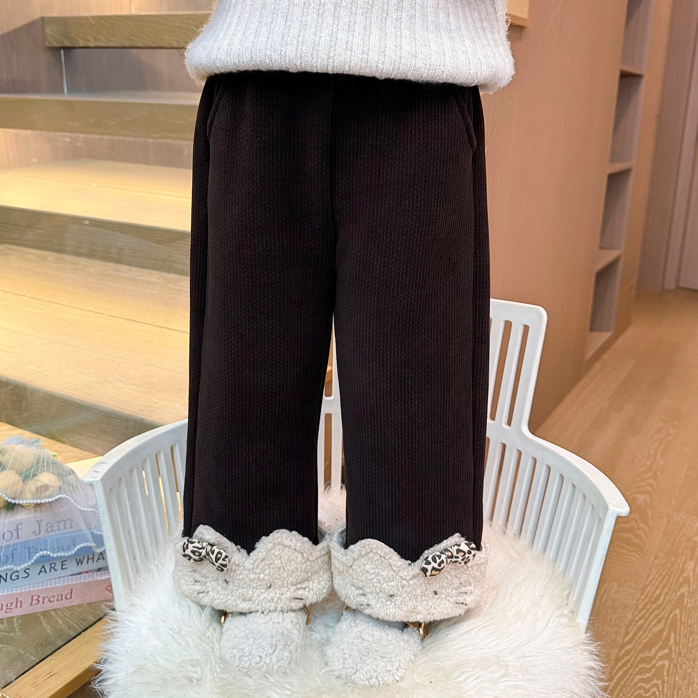 女童直筒裤子秋冬季2025新款儿童加绒猫耳女宝宝一体绒加厚阔腿裤,淘宝优惠券,粉丝福利购,淘宝优惠卷