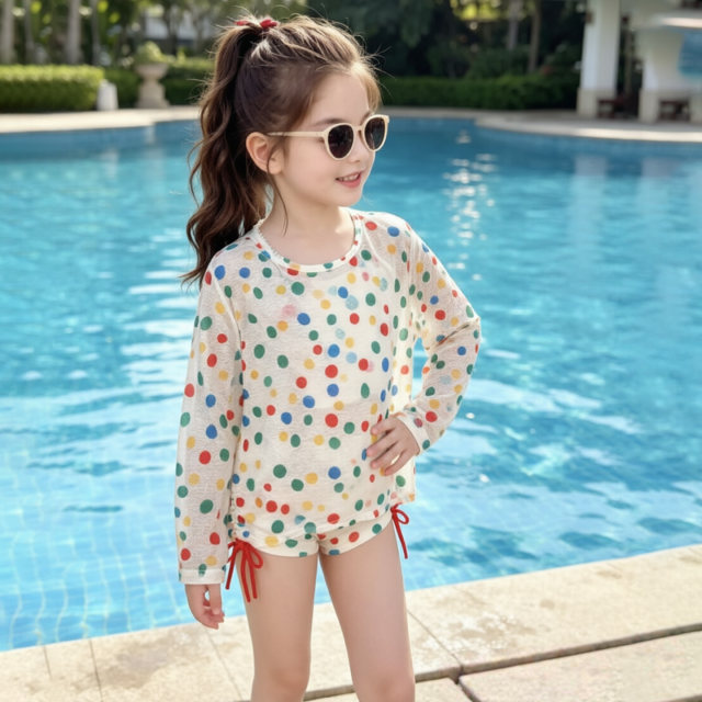 ຄີມກັນແດດ polka dot ສີສັນໜ້າຮ້ອນເດັກນ້ອຍຍິງ