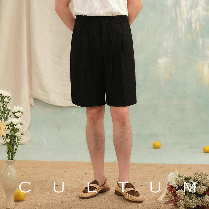 【100%法国亚麻】CULTUM慵懒度假风松紧腰抽绳单褶短裤五分裤男,淘宝优惠券,粉丝福利购,淘宝优惠卷