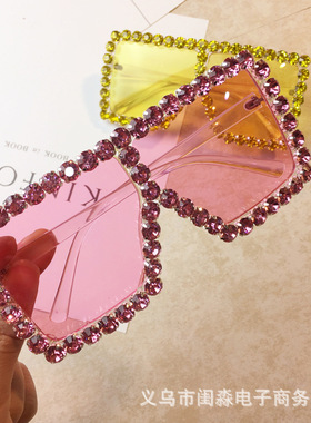 欧美风夸张超大框水钻彩色眼镜