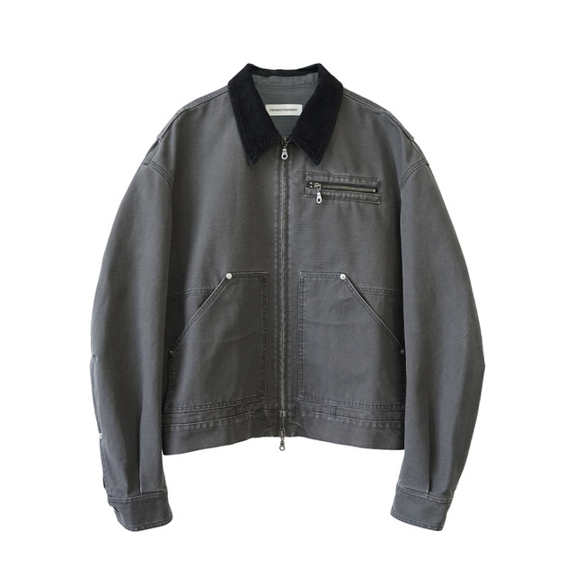 Heavyweight cotton canvas distressed washed-out patchwork workwear design short jacket