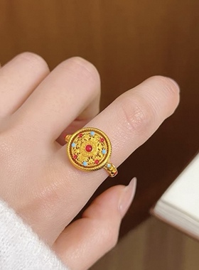 金店同款沙金珐琅彩八宝罗盘戒指时来运转圆牌指环国风