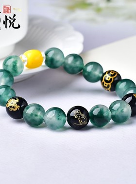 绿色水晶水草玛瑙三合猴鼠龙手串