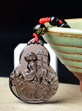 淘运灵阁贵犬乘舟宏吊坠属兔人吉祥佩戴物2026马年黑曜石葫芦项链