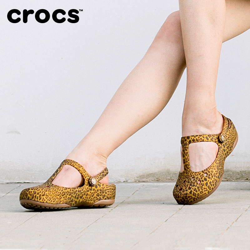 Crocs女鞋 涼鞋女夏 卡駱馳女鞋豹紋沙灘鞋坡跟洞洞女涼鞋|15091