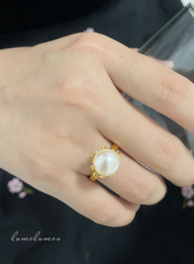 天然淡水珍珠戒指S925纯银戒经典设计师款花苞款小众百搭开口戒指