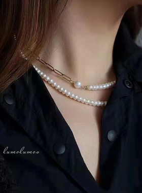 天然淡水珍珠长款毛衣链链条拼接一款多戴法式简约高级百搭