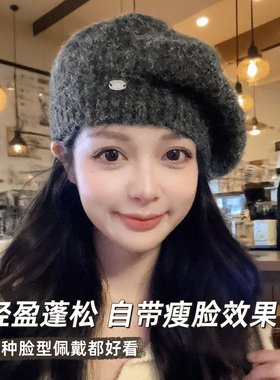 灰色贝雷帽女2026新款大头围