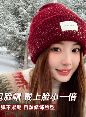 红色帽子保暖针织帽女冬季